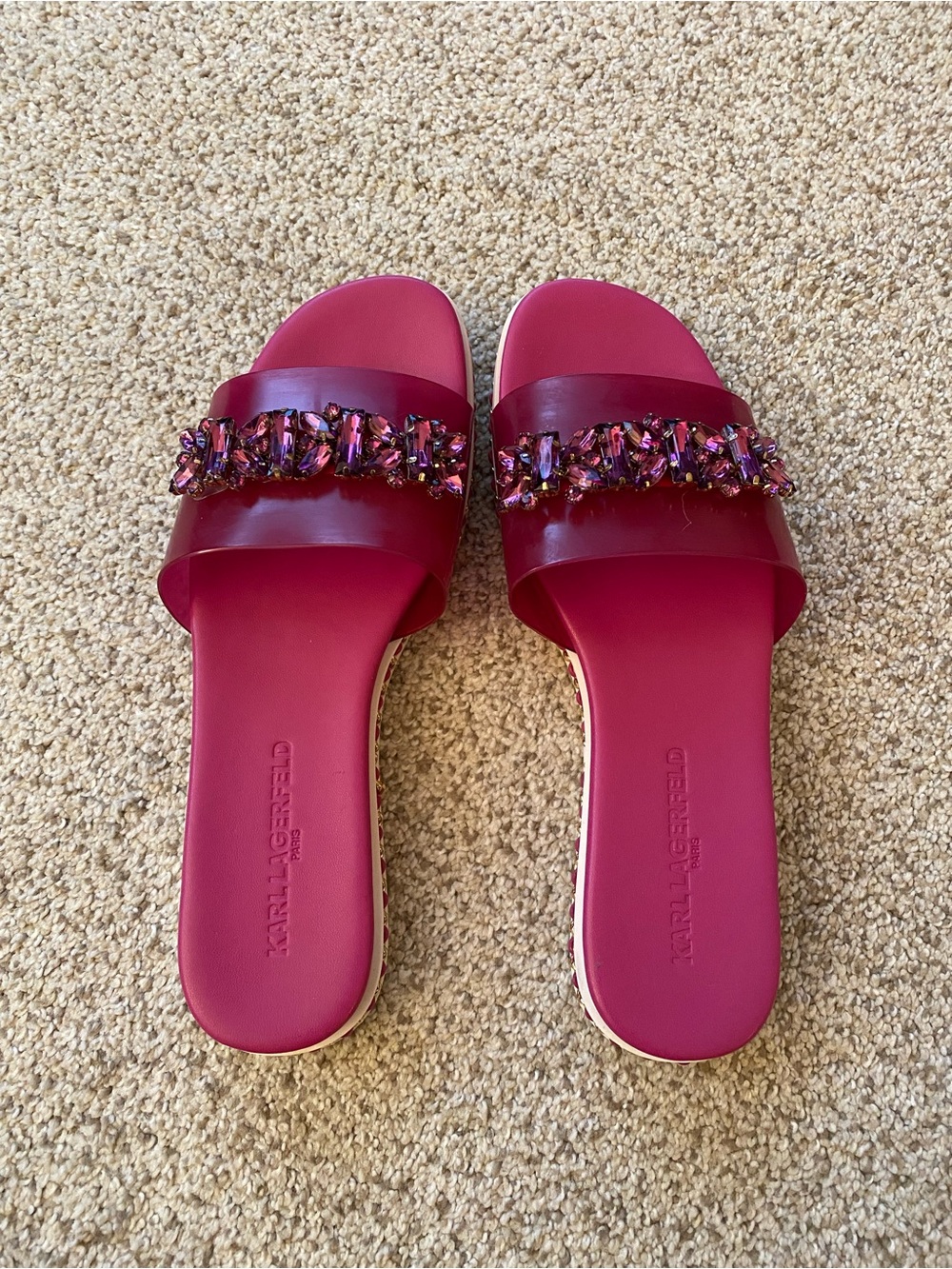 Karl Lagerfeld Fuchsia Jeweled Slide Sandals, Sz. 6 - Picture 3 of 6